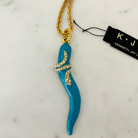 Kenneth Jay Lane Blue & Gold Snake Pendant Necklace Enamel & Golden Chain KJL - Picture 9 of 10
